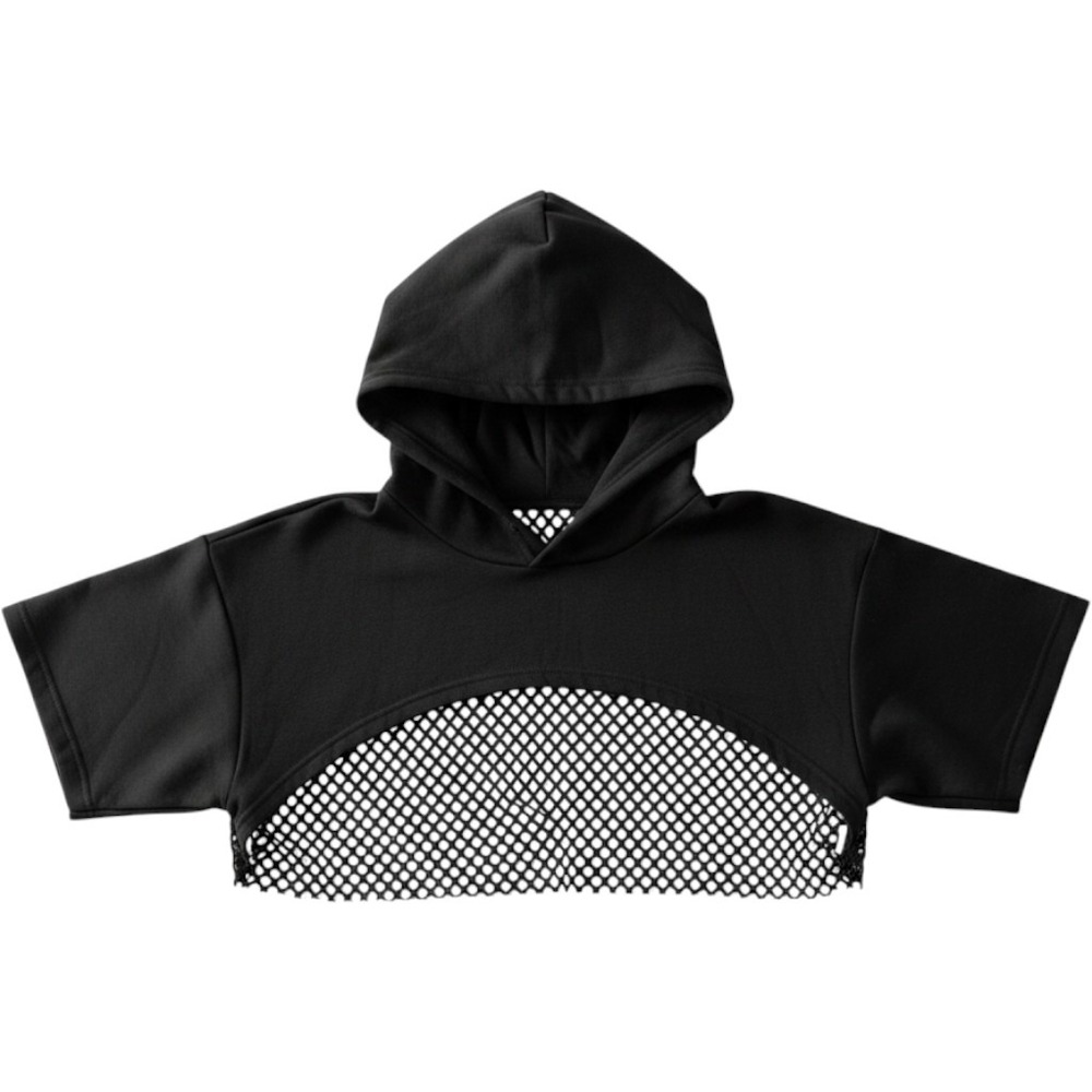 Black Fishnet Mesh Ultra Crop Hoodie Short Sleeve Streetwear Layering Top L